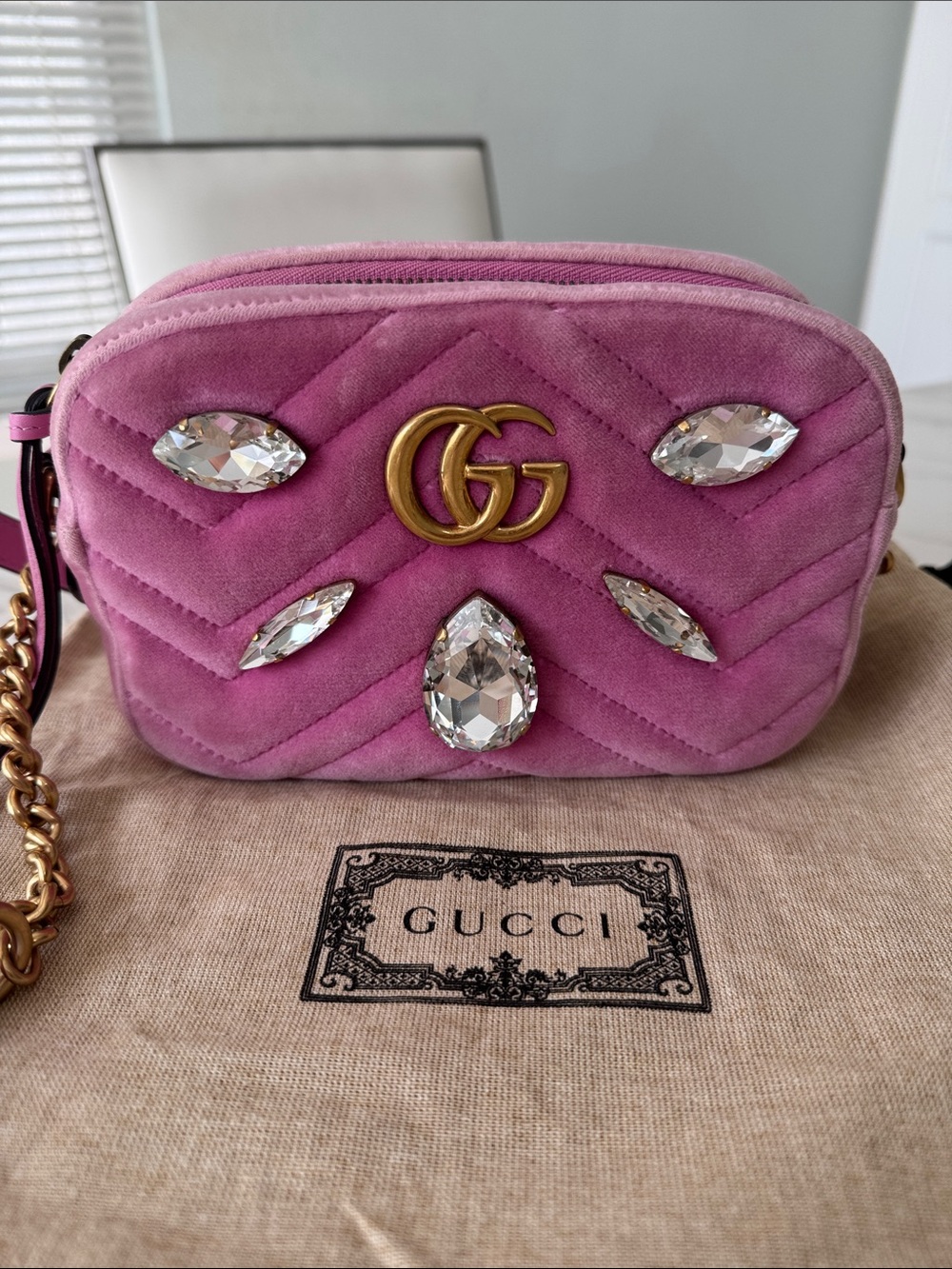 Gucci Velvet Marquise Crystal Mini GG Marmont Shoulder Bag